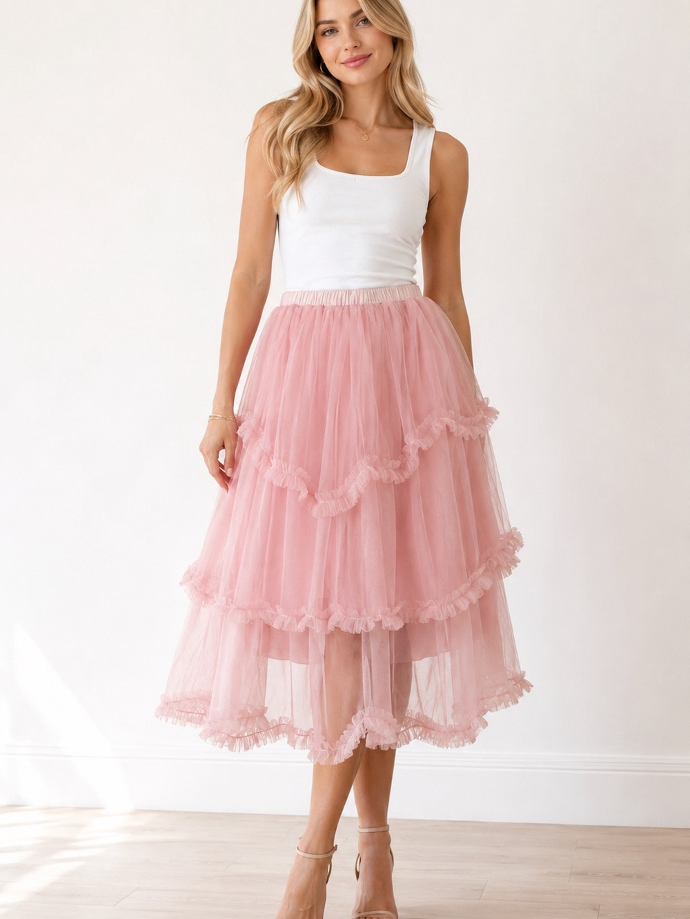 Romantic Pink High-Low Tulle Midi Skirt Whimsical ballet core Bohemian party